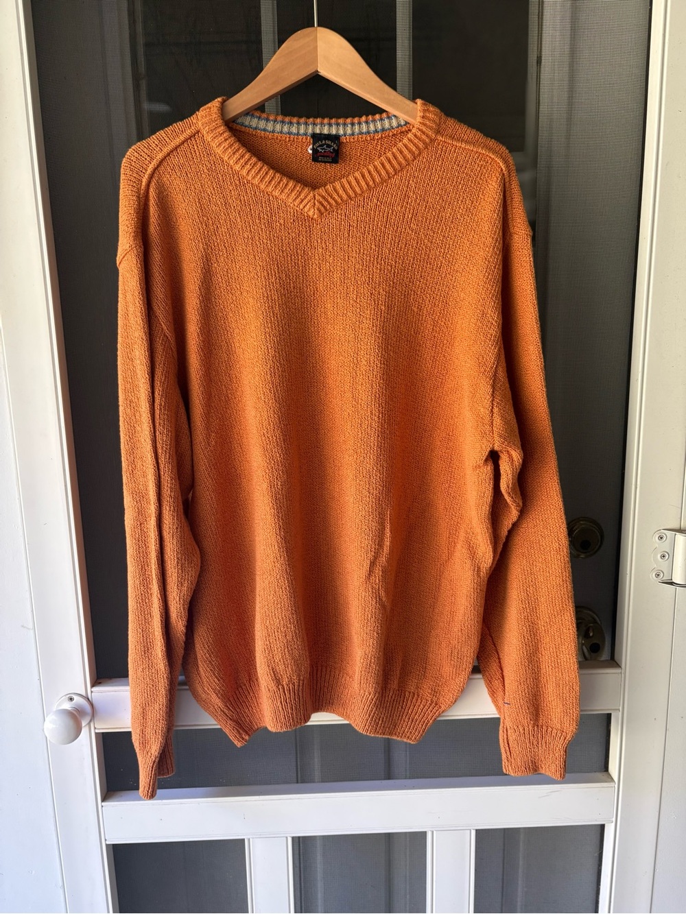 Vintage Paul & Shark Men's V-Neck Yachting Sweater in Burnt Orange